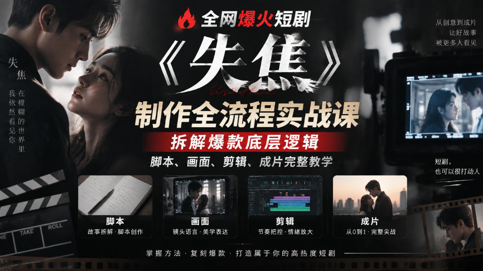 全网爆火短剧《失焦》制作全流程实战课｜拆解爆款底层逻辑，脚本、画面、剪辑、成片完整教学-翌晨科技网