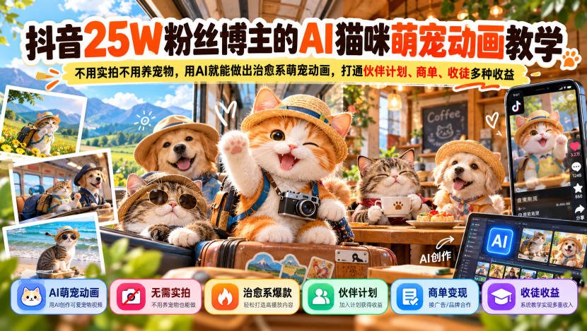抖音25W粉丝博主的AI猫咪萌宠动画教学，不用实拍不用养宠物，用AI就能做出治愈系萌宠动画，打通伙伴计划、商单、收徒多种收益-翌晨科技网