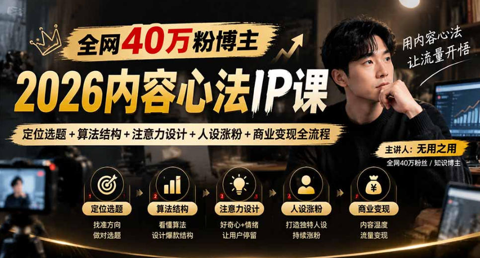 【无水印】全网40W粉博主的2026内容心法IP课，定位选题+算法结构+注意力设计+人设涨粉+商业变现全流程-翌晨科技网