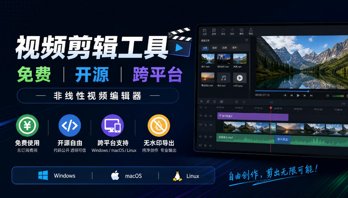 视频剪辑工具，免费、开源、跨平台，非线性视频编辑器，支持Windows、macOS、Linux，无水印、无订阅费用-翌晨科技网