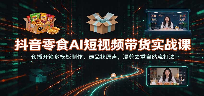 抖音零食AI短视频带货实战课：仓播开箱多模板制作，选品找原声，混剪去重自然流打法-翌晨科技网