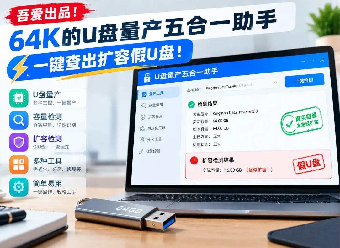 吾爱出品！64K的U盘量产五合一助手，一键查出扩容假U盘！-翌晨科技网
