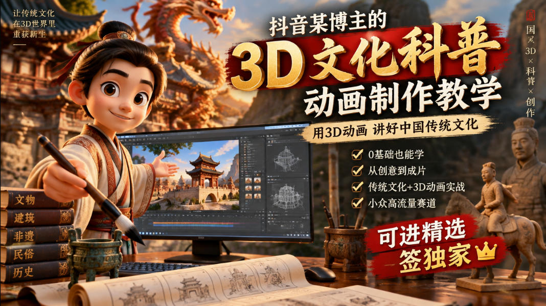 抖音某博主的3D文化科普动画制作教学，用3D动画呈现中国传统文化，可进精选签独家，单日收益1k+-翌晨科技网