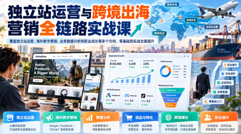 独立站运营与跨境出海营销全链路实战课，覆盖独立站运营、海外数字营销、业务数据分析和职业成长等多个方向，零基础到实战全面提升-翌晨科技网