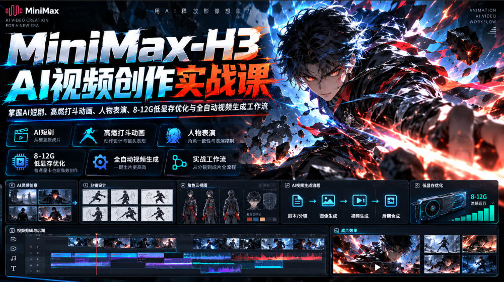 MiniMax-H3 AI视频创作实战课，掌握AI短剧、高燃打斗动画、人物表演、8-12G低显存优化与全自动视频生成工作流-翌晨科技网