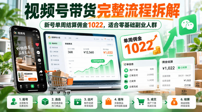 视频号带货完整流程拆解，新号单周结算佣金1022，适合零基础副业人群-翌晨科技网