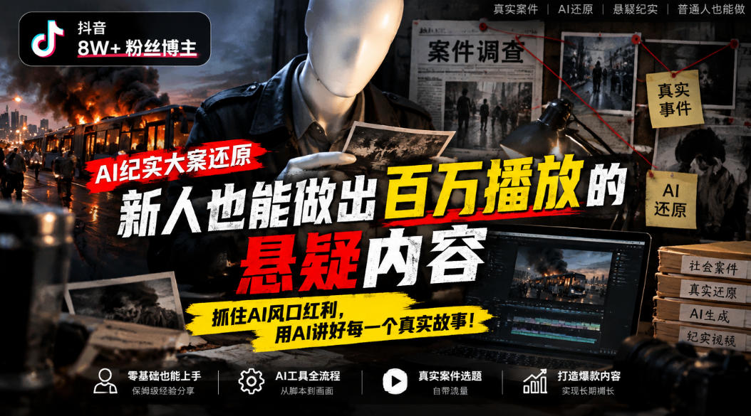 抖音8W粉丝博主的AI纪实大案还原教学，新人也能做出百W播放的悬疑内容，抓住AI风口红利，用AI讲好每一个真实故事-翌晨科技网