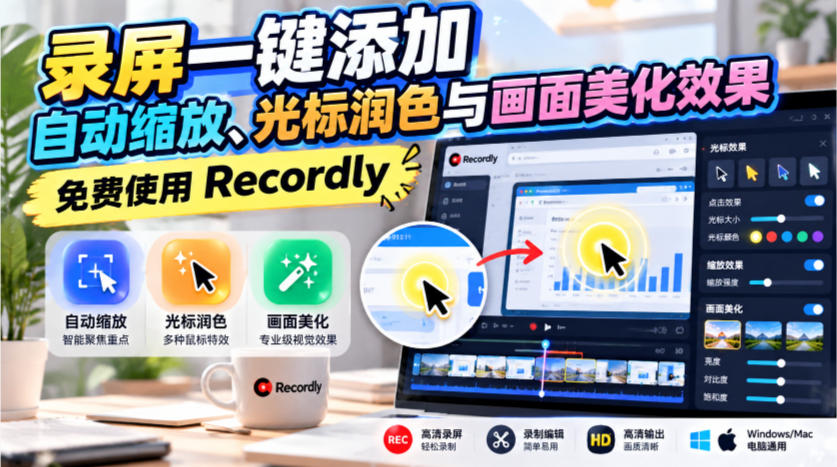 录屏一键添加自动缩放、光标润色与画面美化效果，免费使用Recordly-翌晨科技网