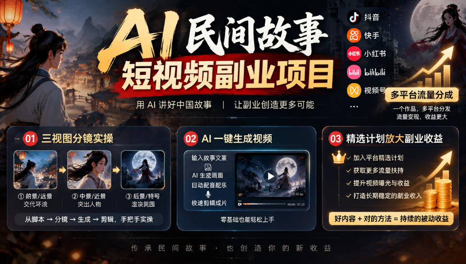 AI民间故事短视频副业项目，多平台流量分成，三视图分镜实操，精选计划放大副业收益-翌晨科技网