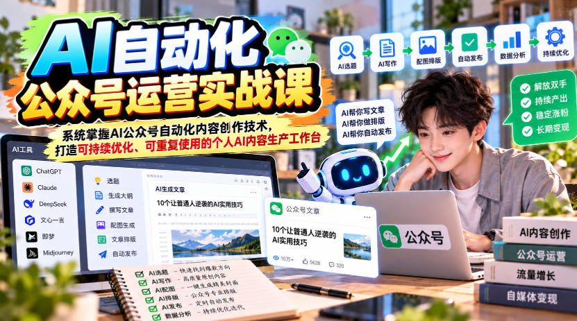 AI自动化公众号运营实战课，系统掌握AI公众号自动化内容创作技术，打造可持续优化、可重复使用的个人AI内容生产工作台-翌晨科技网
