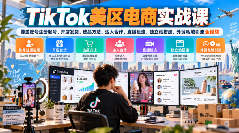 TikTok美区电商实战课，覆盖账号注册起号、开店发货、选品方法、达人合作、直播投流、独立站搭建、外贸私域引流全模块-翌晨科技网