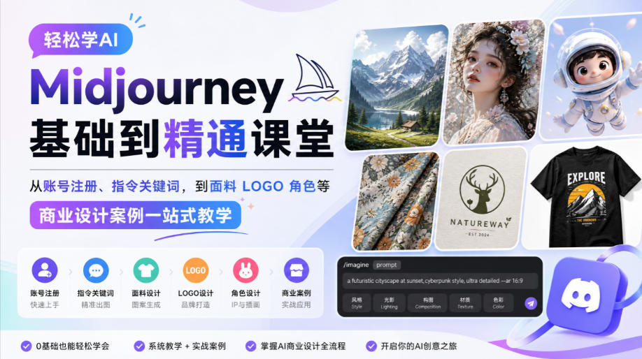轻松学AI Midjourney基础到精通课堂，从账号注册、指令关键词，到面料LOGO角色等商业设计案例一站式教学-翌晨科技网