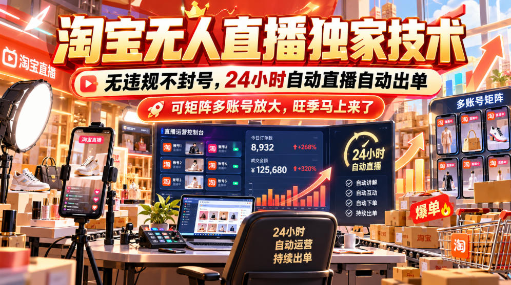 淘宝无人直播独家技术，无违规不封号，24小时自动直播自动出单，可矩阵多账号放大，旺季马上来了【揭秘】-翌晨科技网