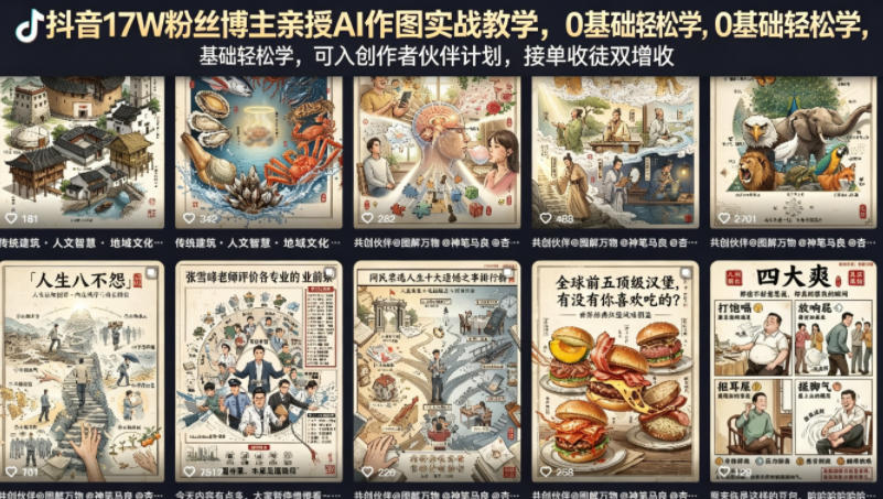 抖音17W粉丝博主亲授AI作图实战教学，0基础轻松学，可入创作者伙伴计划，接单收徒双增收-翌晨科技网