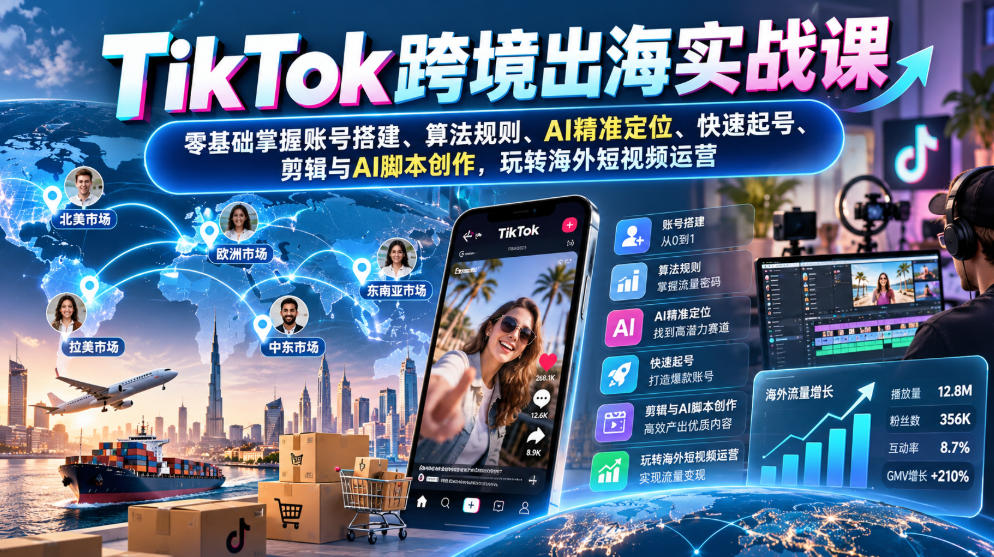 TikTok跨境出海实战课：零基础掌握账号搭建、算法规则、AI精准定位、快速起号、剪辑与AI脚本创作，玩转海外短视频运营-翌晨科技网