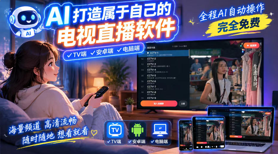 一个提示词,AI全自动做出电视直播软件,电脑、安卓、电视三端通用,完全免费,画质流畅不卡顿-翌晨科技网
